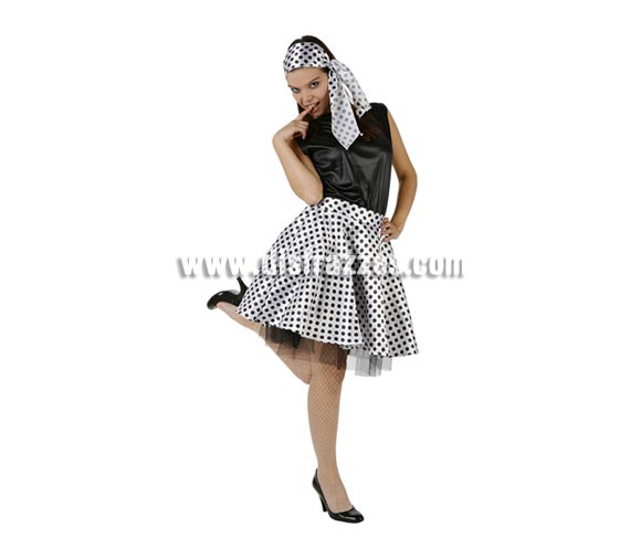 Disfraz de Chica de los años 60 para mujer blanco y negro. Talla 3 ó talla XL 44/48. Incluye disfraz completo sin medias ni zapatos.
