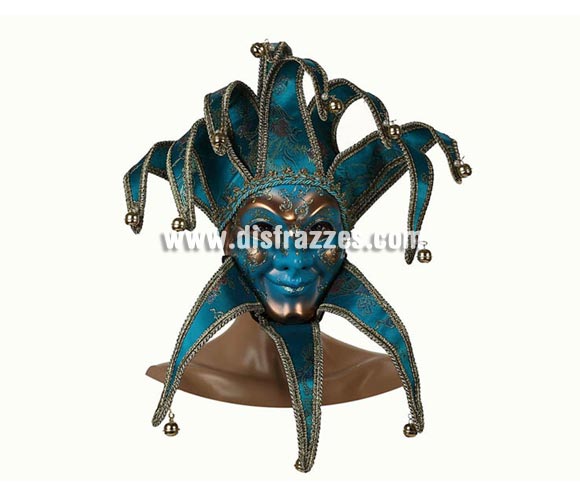 Máscara Veneciana Arlequín Turquesa con Cascabeles. Talla universal.