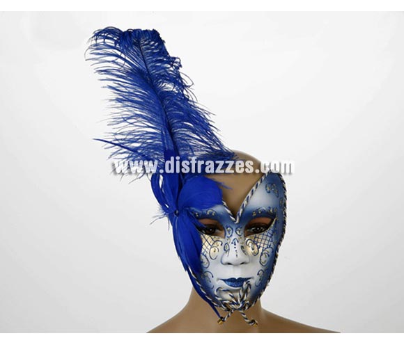 Máscara Veneciana Azul de 19x15 xm. con plumas azules. Talla Universal.