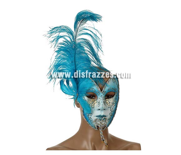 Máscara Veneciana Turquesa de 19x15 cm con plumas turquesas. Talla Universal.