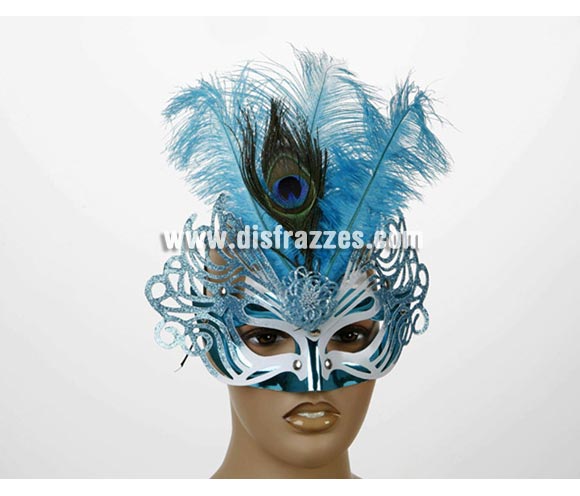 Antifaz Veneciano Turquesa de 17x12 cm. con plumas. Talla Universal.