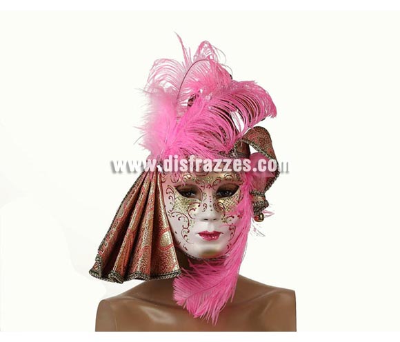 Máscara Veneciana de color Rosa con plumas y cascabeles 23x16 cm. Talla Universal.