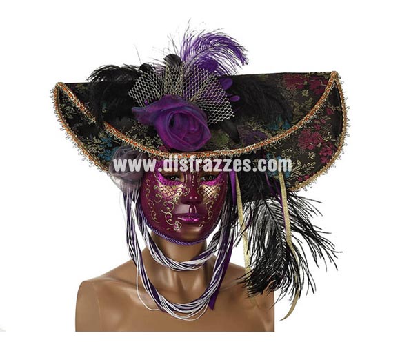 Máscara Veneciana Púrpura con Sombrero y Plumas. Talla Universal. 