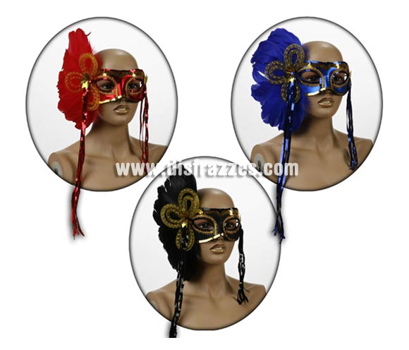 Antifaz Veneciano de Lentejuelas y con Plumas en un lado. Talla Universal.