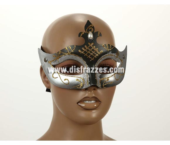Antifaz Veneciano Negro y Plateado con purpurina dorada 32x18 cm. Talla Universal.