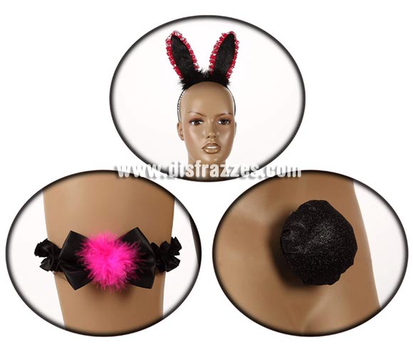 Complemento Conejita Sexy fucsia y negro (3 piezas). Incluye cola, diadema y liga. Ideal para Despedidas de Soltera.