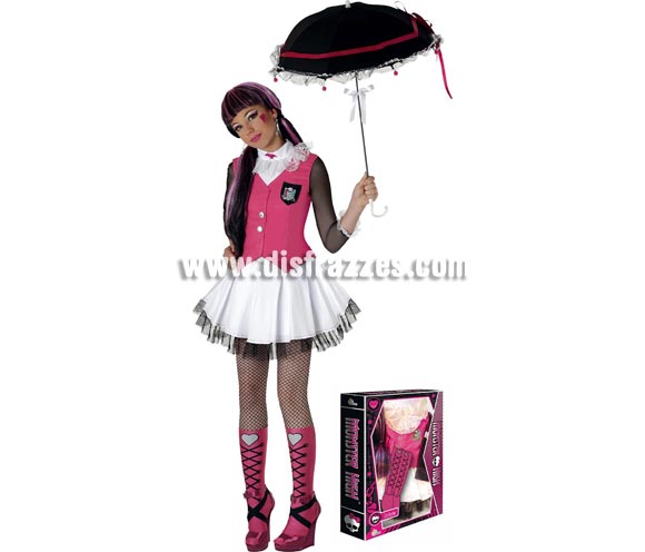 Disfraz de Draculaura de las MONSTER HIGH lujo para niñas. Disponible en varias tallas. Incluye top, falda, collar, cubrebotas y peluca. Sombrilla y medias NO incluidas. Disfraz Exclusivo con licencia perfecto para regalar a cualquier niña moderna. Presentación en caja regalo.