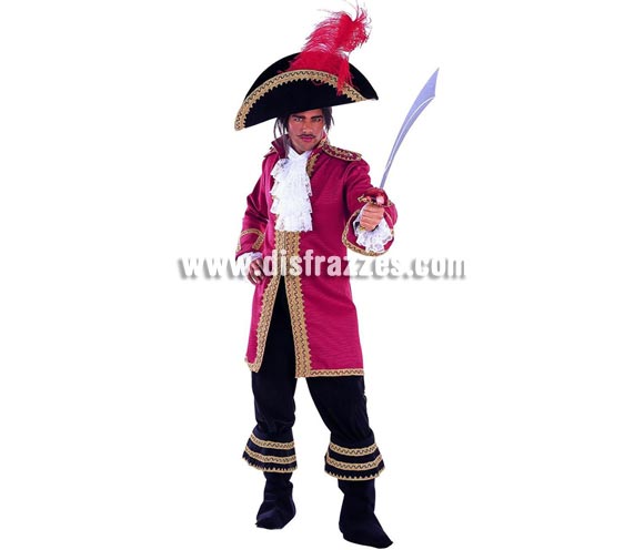 Disfraz de Mosquetero Saqueador Extralujo. Alta calidad en telas y acabados. Fabricado en España. Disponible en varias tallas. Incluye pantalón, cubrebotas, sombrero, chaqueta y cuello. Espada NO incluida, podrás verla en la sección Complementos. También serviría como disfraz de Pirata.