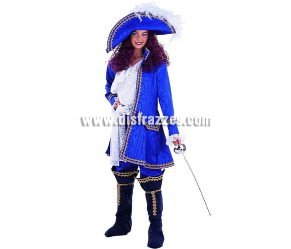 Disfraz de Mosquetera Saqueadora Extralujo. Alta calidad en telas y acabados. Fabricado en España. Disponible en varias tallas. Incluye camisa, pantalón, cubrebotas, sombrero y chaqueta. Espada NO incluida, podrás verla en la sección Complementos.
