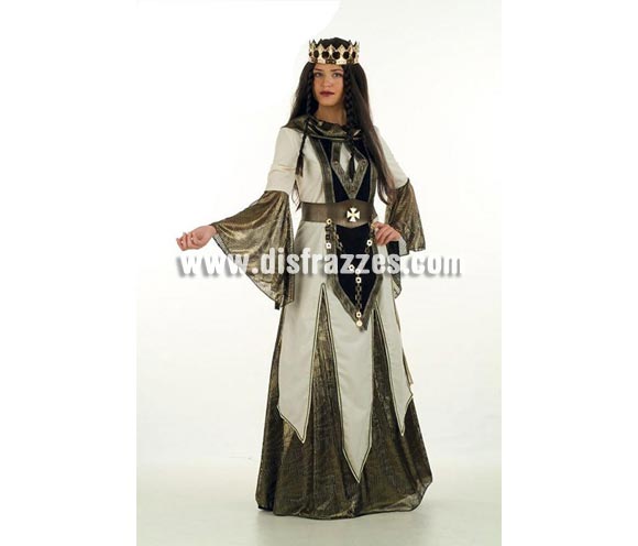Disfraz de Reina de las Cruzadas Medieval Extralujo. Alta calidad en telas y acabados. Fabricado en España. Disponible en varias tallas. Incluye falda, cinturón y casaca. Corona NO incluida, podrás verla en la sección Complementos.