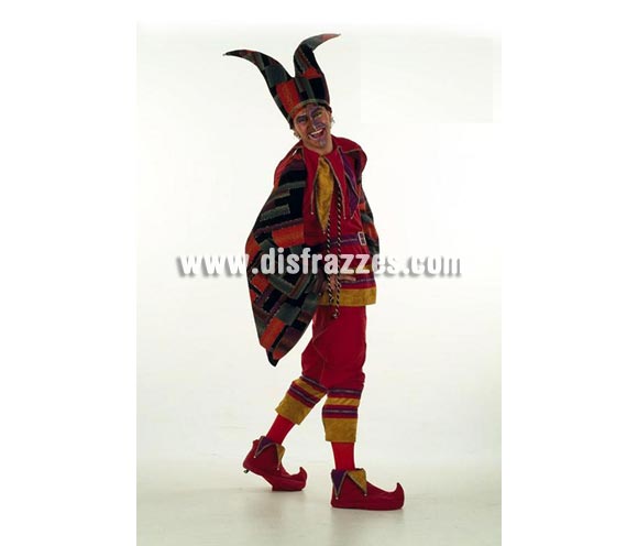 Disfraz de Jocker Extralujo adulto. Alta calidad en telas y acabados. Fabricado en España. Disponible en varias tallas. Incluye pantalón, capa, gorro, cubrebotas y camisa con cinturón. Disfraz de Bufón Especial.