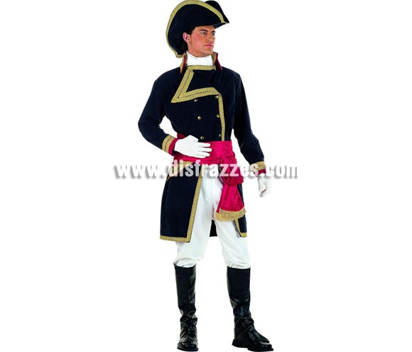 Disfraz de Almirante Nelson Extralujo adulto. Alta calidad en telas y acabados. Fabricado en España. Disponible en varias tallas. Incluye pantalón, cubrebotas, pañuelo, sombrero, chaqueta y fajín.