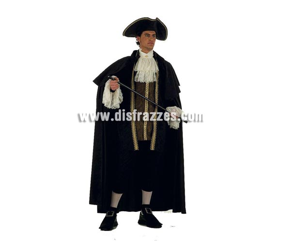 Disfraz de Veneciano Época Extralujo. Alta calidad en telas y acabados. Fabricado en España. Disponible en varias tallas. Incluye pantalón, capa, sombrero, cuello, chaqueta con chaleco y cubrezapatos.