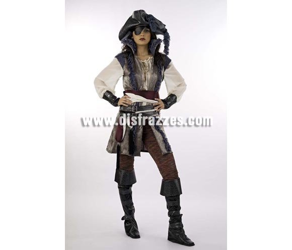 Disfraz de Pirata Corsaria Extralujo. Alta calidad en telas y acabados. Fabricado en España. Disponible en varias tallas. Incluye camisa, pantalón, cinturón, cubrebotas, sombrero, casaca, fajín y parche.