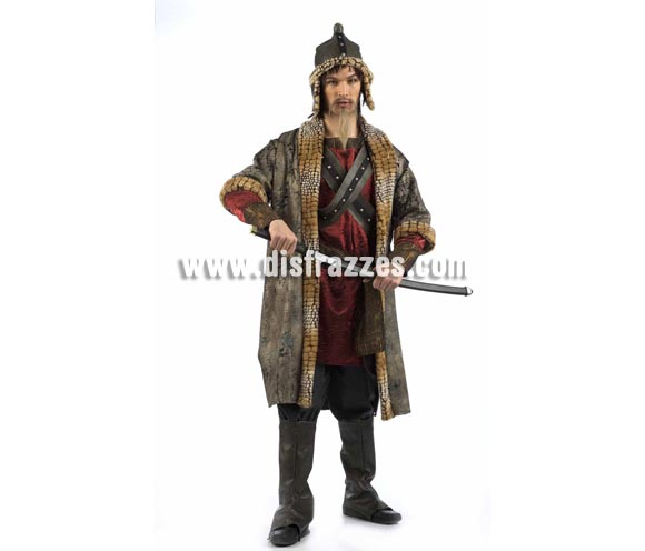 Disfraz de Gengis Khan Extralujo. Alta calidad en telas y acabados. Fabricado en España. Disponible en varias tallas. Incluye pantalón, gorro, cubrebotas, casaca, abrigo y fajín. Espada NO incluida, podrás verla en la sección Complementos.