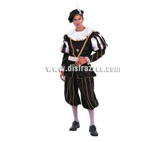 Disfraz de Época Príncipe Extralujo. Alta calidad en telas y acabados. Fabricado en España. Disponible en varias tallas. Incluye pantalón, gorro, cinturón y casaca con cuello.