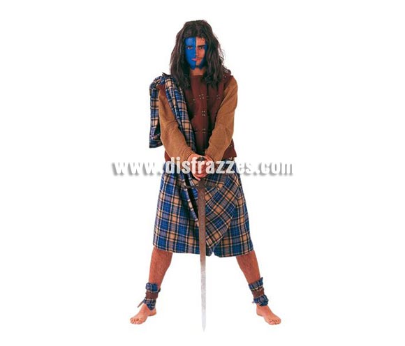 Disfraz de Guerrero Escocés Extralujo. Alta calidad en telas y acabados. Fabricado en España. Disponible en varias tallas. Incluye camisa, falda, polainas y coraza. Espada NO incluida. Disfraz de Braveheart.