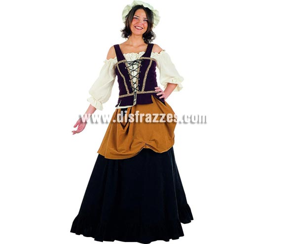 Disfraz de Mujer de Mercado Medieval Superluxe. Alta calidad en telas y acabados. Fabricado en España. Disponible en varias tallas. Incluye camisa, falda, gorro y corpiño. Disfraz de Tabernera, Mesonera o Posadera.
