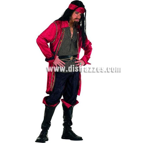 Disfraz de Pirata Corsario Valorius Superluxe. Alta calidad en telas y acabados. Fabricado en España. Disponible en varias tallas. Incluye pantalón, cinturón, cubrebotas, cinta cabeza, chaqueta con camisa y cinturón. Peluca y perilla NO incluidas, podrás verlas en la sección de Pelucas.