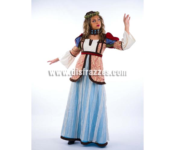 Disfraz de Julieta Superluxe. Alta calidad en telas y acabados. Fabricado en España. Disponible en varias tallas. Incluye vestido, cinturón, cuello y diadema.