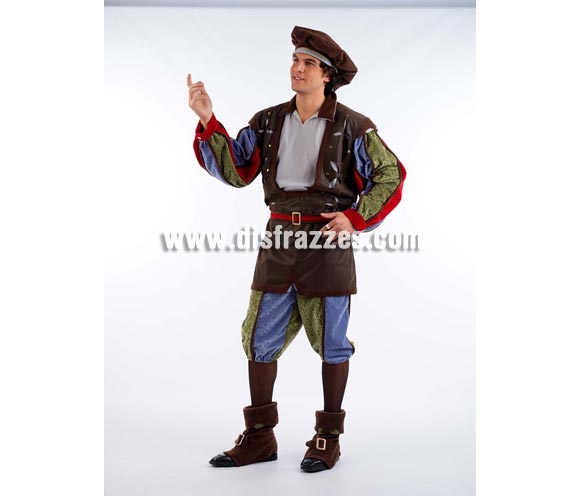 Disfraz de Romeo Superluxe. Alta calidad en telas y acabados. Fabricado en España. Disponible en varias tallas. Incluye pantalón, gorro, cinturón, cubrebotas y chaqueta.