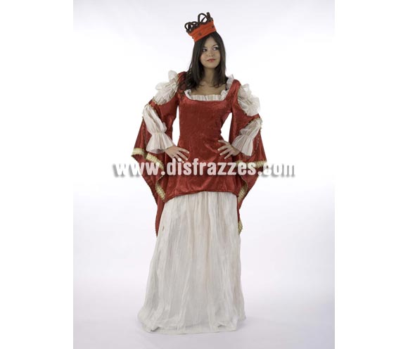 Disfraz de Reina Medieval Superluxe. Alta calidad en telas y acabados. Fabricado en España. Disponible en varias tallas. Incluye camisa, falda y corona.