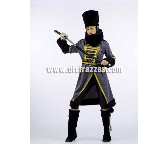 Disfraz de Cosaca Superluxe. Alta calidad en telas y acabados. Fabricado en España. Disponible en varias tallas. Incluye pantalón, gorro, cinturón, cubrebotas, manguitos, chaqueta, cuello y top. Espada NO incluida, podrás verla en la sección Complementos.