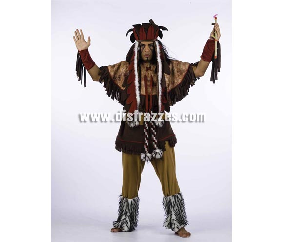Disfraz de Indio Powhatan Superluxe. Alta calidad en telas y acabados. Fabricado en España. Disponible en varias tallas. Incluye manguitos, casaca con cinturón, diadema, pantalón con cubrebotas y poncho. Pipa NO incluida, podrás verla en la sección Complementos. Padre de Pocahontas.