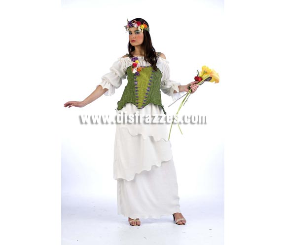 Disfraz de Medieval Primavera Superluxe. Alta calidad en telas y acabados. Fabricado en España. Disponible en varias tallas. Incluye vestido, corpiño y diadema.