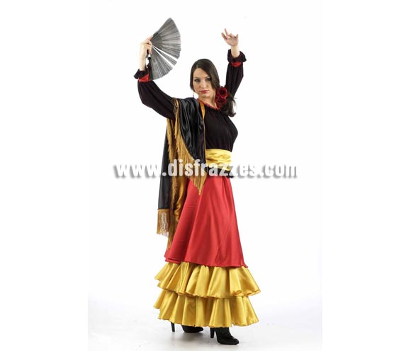 Disfraz de Flamenca Superluxe. Alta calidad en telas y acabados. Fabricado en España. Disponible en varias tallas. Incluye camisa, falda, mantón y fajín. Abanico NO incluido.