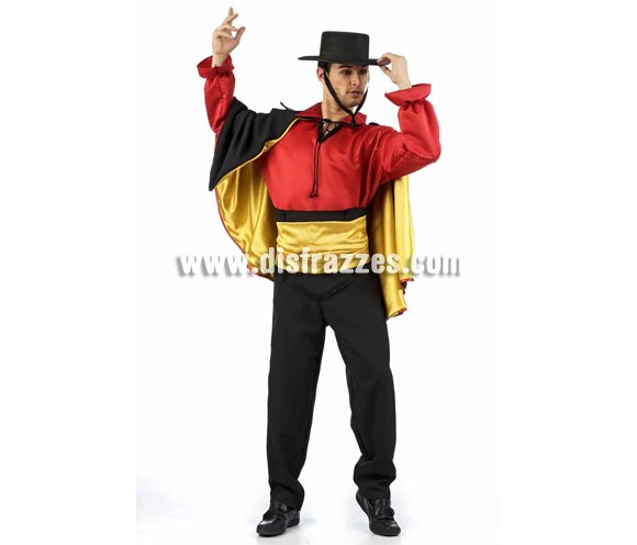 Disfraz de Flamenco Superluxe. Alta calidad en telas y acabados. Fabricado en España. Disponible en varias tallas. Incluye camisa, pantalón, capa y fajín. Sombrero NO incluido.