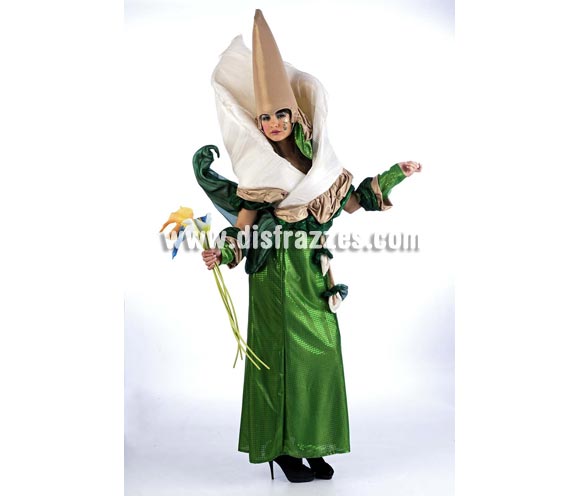 Disfraz de Flor (Lirio) Superluxe. Alta calidad en telas y acabados. Fabricado en España. Disponible en varias tallas. Incluye vestido, gorro, cinturón y manguitos.
