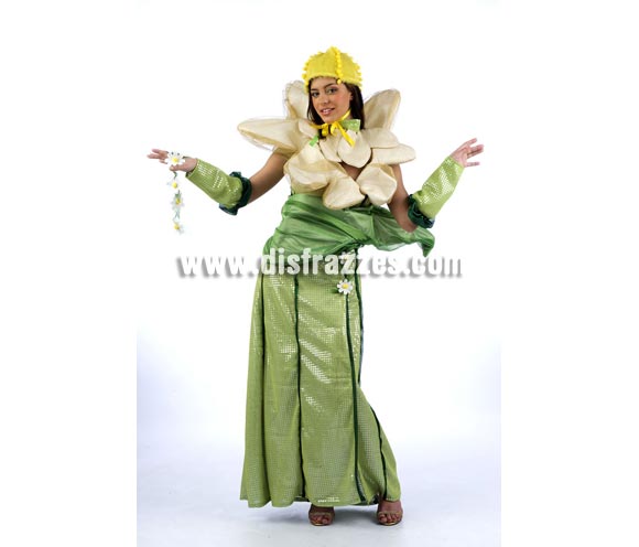 Disfraz de Flor (Margarita) Superluxe. Alta calidad en telas y acabados. Fabricado en España. Disponible en varias tallas. Incluye vestido, gorro, manguitos y cuello.
