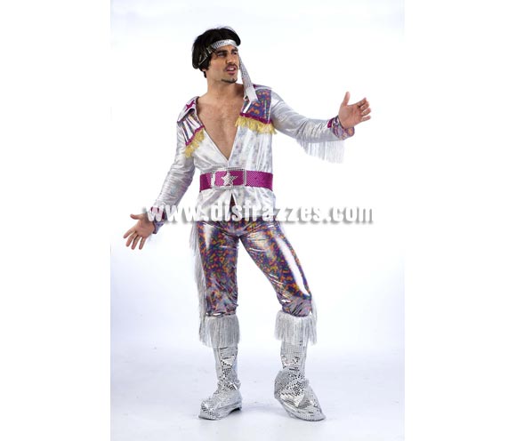 Disfraz de Musical Bill Superluxe. Alta calidad en telas y acabados. Fabricado en España. Disponible en varias tallas. Incluye cinturón, cubrebotas, manguitos y mono. Peluca NO incluida, podrás verla en la sección Pelucas. Disfraz de Abba.