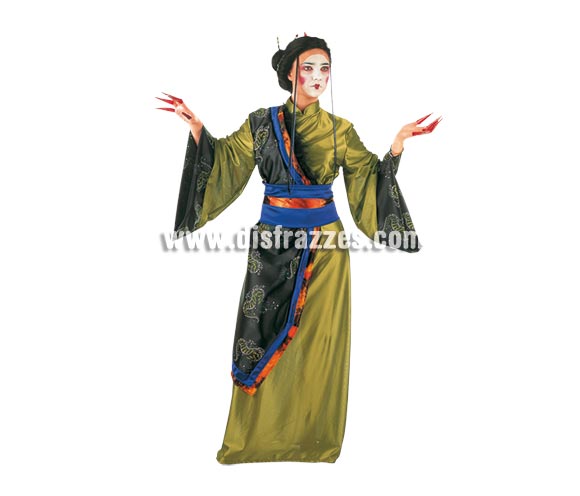 Disfraz de Gheisa Dorada Deluxe. Alta calidad. Hecho en España. Disponible en varias tallas. Incluye cinturón y kimono. Peluca NO incluida, podrás verla en la sección Pelucas.