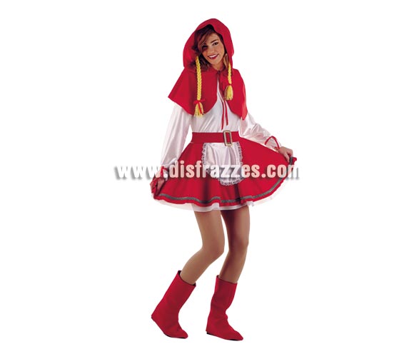 Disfraz de Caperucita adulta Deluxe. Alta calidad. Hecho en España. Disponible en varias tallas. Incluye cubrebotas, vestido con cinturón, y capelina con capucha y trenzas. 