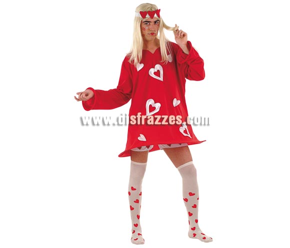 Disfraz de Corazones Sexy Rojo Hombre Deluxe. Alta calidad. Hecho en España. Disponible en varias tallas. Incluye vestido, cinta de la cabeza, calcetines y pantalón corto (Calzoncillos). -Cuando tiras de los 2 corazones que hay a la altura del pecho, se levanta la falda. Peluca NO incluida, podrás verla en la sección Pelucas.