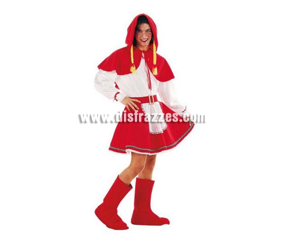 Disfraz de Caperucita Sexy hombre Deluxe. Alta calidad. Hecho en España. Disponible en varias tallas. Incluye cubrebotas, vestido con cinturón y capelina con capucha y trenzas.