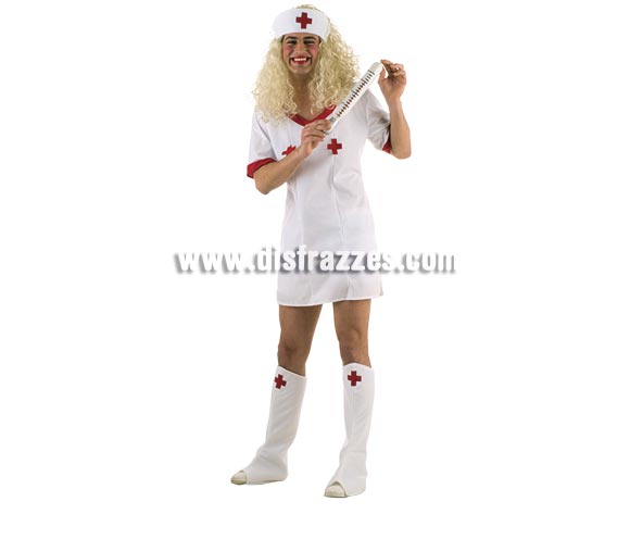 Disfraz de Enfermera Sorpresa hombre Deluxe. Alta calidad. Hecho en España. Disponible en varias tallas. Incluye vestido, cubrebotas, cofia y pantalón corto (Calzoncillos). Peluca y termómetro NO incluidos, podrás verlos en la sección Pelucas y Complementos.