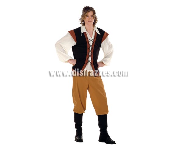 Disfraz de Campesino Medieval adulto Deluxe. Alta calidad. Hecho en España. Disponible en varias tallas. Incluye pantalón, cubrebotas y camisa con chaleco. También se suele utilizar como disfraz de Posadero, Mesonero o Tabernero.