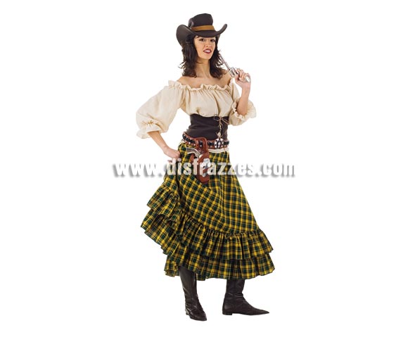 Disfraz de Vaquera Bandida adulta Deluxe. Alta calidad. Hecho en España. Disponible en varias tallas. Incluye camisa, falda, sombrero y corpiño. Cinturón con cartucheras NO incluido, podrás verlos en la sección Complementos. Éste disfraz hace pareja con la ref. MA119LI.