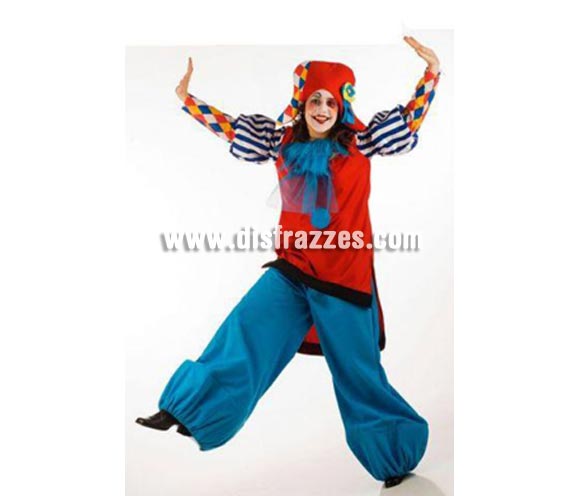 Disfraz de Payasa Arlequín adulta Deluxe. Alta calidad. Hecho en España. Disponible en varias tallas. Incluye pantalón, gorro y casaca.