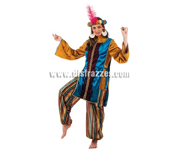 Disfraz de Jazmín Turquesa adulta Deluxe. Alta calidad. Hecho en España. Disponible en varias tallas. Incluye camisa, pantalón, turbante y casaca. Disfraz de Paje para mujer.