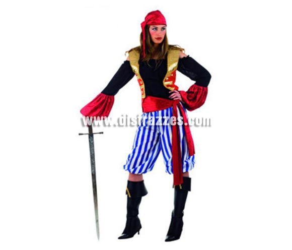 Disfraz de Pirata Saqueadora adulta Deluxe. Alta calidad. Hecho en España. Disponible en varias tallas. Incluye pantalón, cubrebotas, pañuelo, fajín y camisa con chaleco. Espada NO incluida.