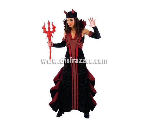 Disfraz de Diablesa Gótica adulta Deluxe. Alta calidad. Hecho en España. Disponible en varias tallas. Incluye vestido, corona con cuernos y manguitos. Tridente NO incluido, podrás verlo en la sección Complementos. 