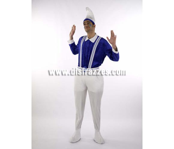 Disfraz de Pitufo adulto Deluxe. Alta calidad. Hecho en España. Disponible en varias tallas. Incluye camisa, gorro, pantalón con tirantes, cinturón y cubrepies. Disfraz de Duende o Elfo para Cabalgatas de Navidad.