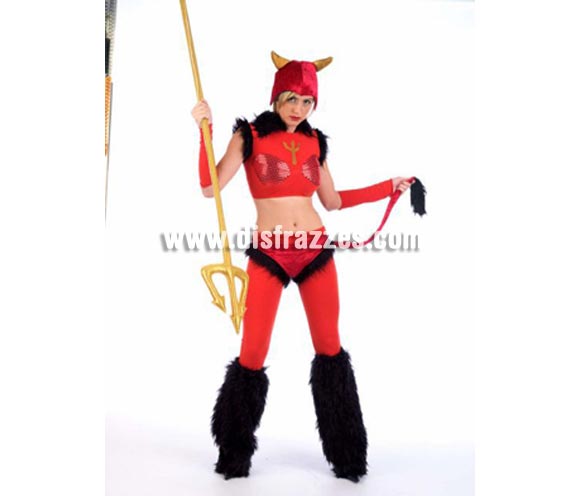 Disfraz de Diablesa Infierno adulta Deluxe. Alta calidad. Hecho en España. Disponible en varias tallas. Incluye pantalón, gorro, cubrebotas, manguitos, top y braga con cola. Medias y Tridente NO incluidos.