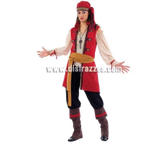 Disfraz de Pirata Bárbara adulta Deluxe. Alta calidad. Hecho en España. Disponible en varias tallas. Incluye pañuelo, fajín, camisa con chaleco y pantalón con cubrebotas. Colgante NO incluido, podrás verlo en la sección Complementos. Éste disfraz hace pareja con la ref. MA726LI.