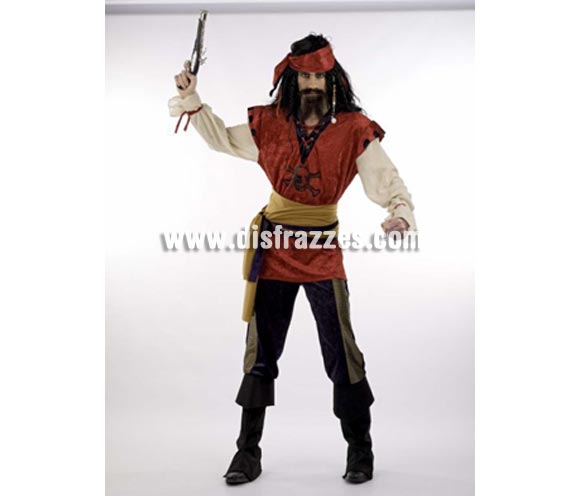Disfraz de Pirata Corsario adulto Deluxe. Alta calidad. Hecho en España. Disponible en varias tallas. Incluye camisa, pañuelo, fajín y pantalón con cubrebotas. Peluca, perilla y pistola NO incluidas, podrás verlas en la sección Complementos y Pelucas.