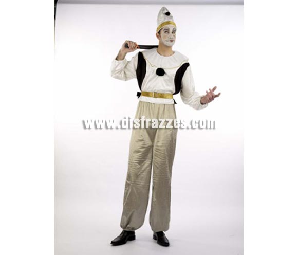 Disfraz de Pierrot Clasic adulto Deluxe. Alta calidad. Hecho en España. Disponible en varias tallas. Incluye camisa, pantalón, gorro y cinturón. Disfraz de Arlequín para hombre.